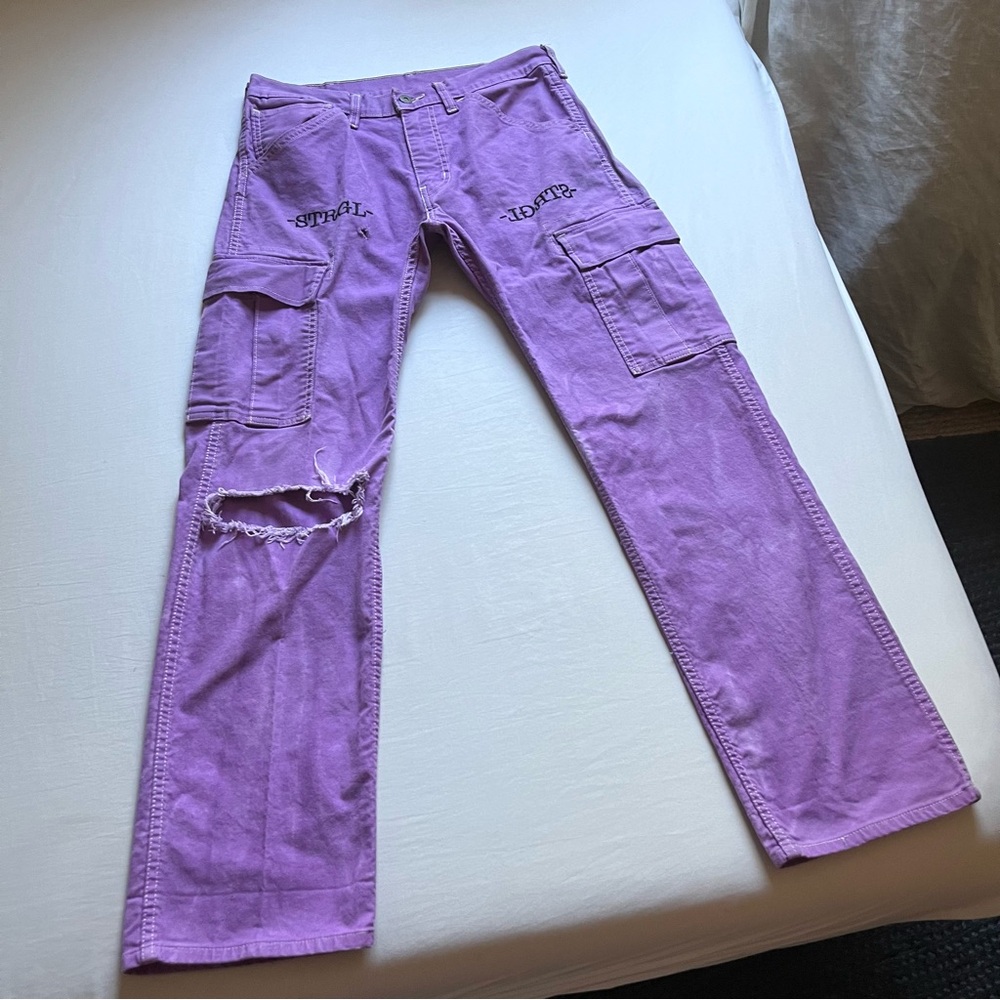 LEVI’S 505 purple utility cargo distressed embroidered slim straight leg jeans